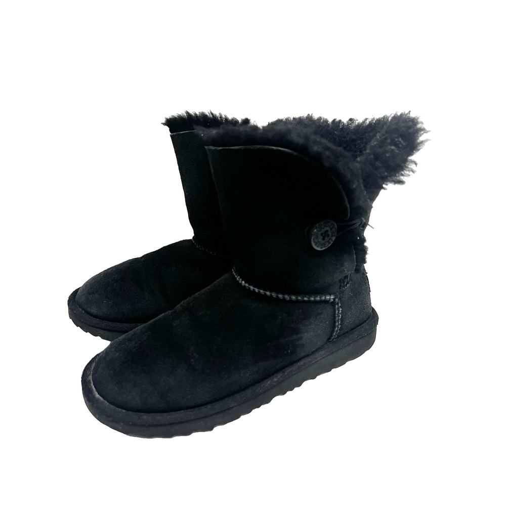 UGG Bailey Button II Black Leather Suede Sherpa Ankle Boots Girls 3 Comfort